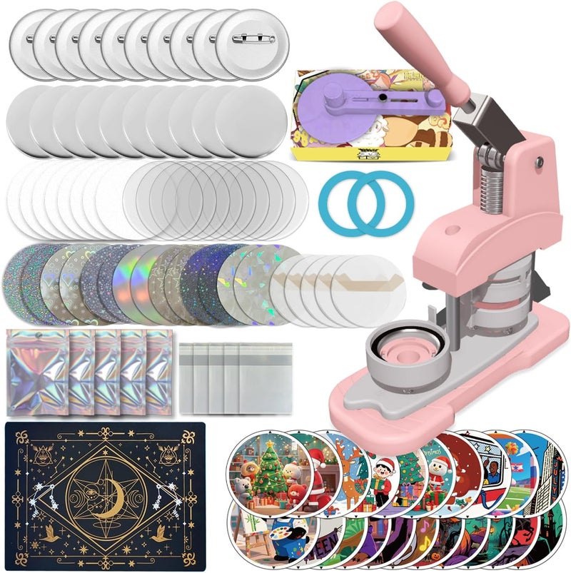 ppttoodd Pink Button Maker Machine 58mm (2.25 inch), DIY Button Pin Maker Machine Comes with Free Button Parts, Circle Cutter, Cutting Board, Pattern Paper, Holographic Bags, Colored Film, and Protective Case - Image 1